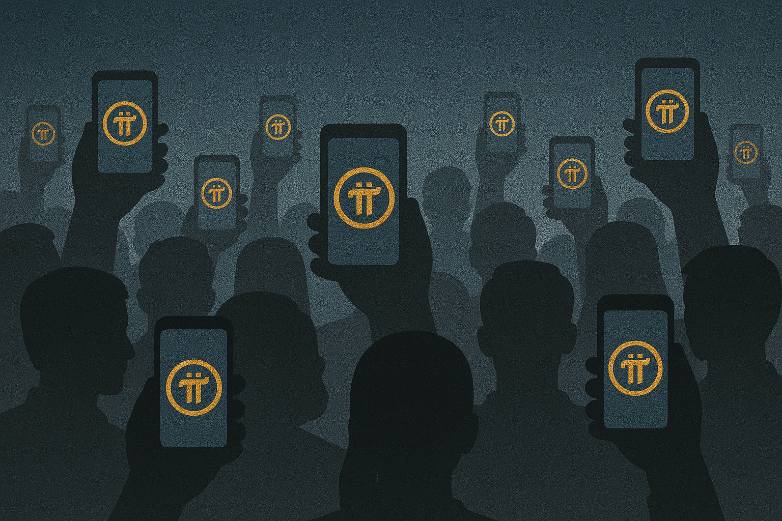 Image showing a crowd of people gathered showing the screens of their phones flashing the Pi symbol.